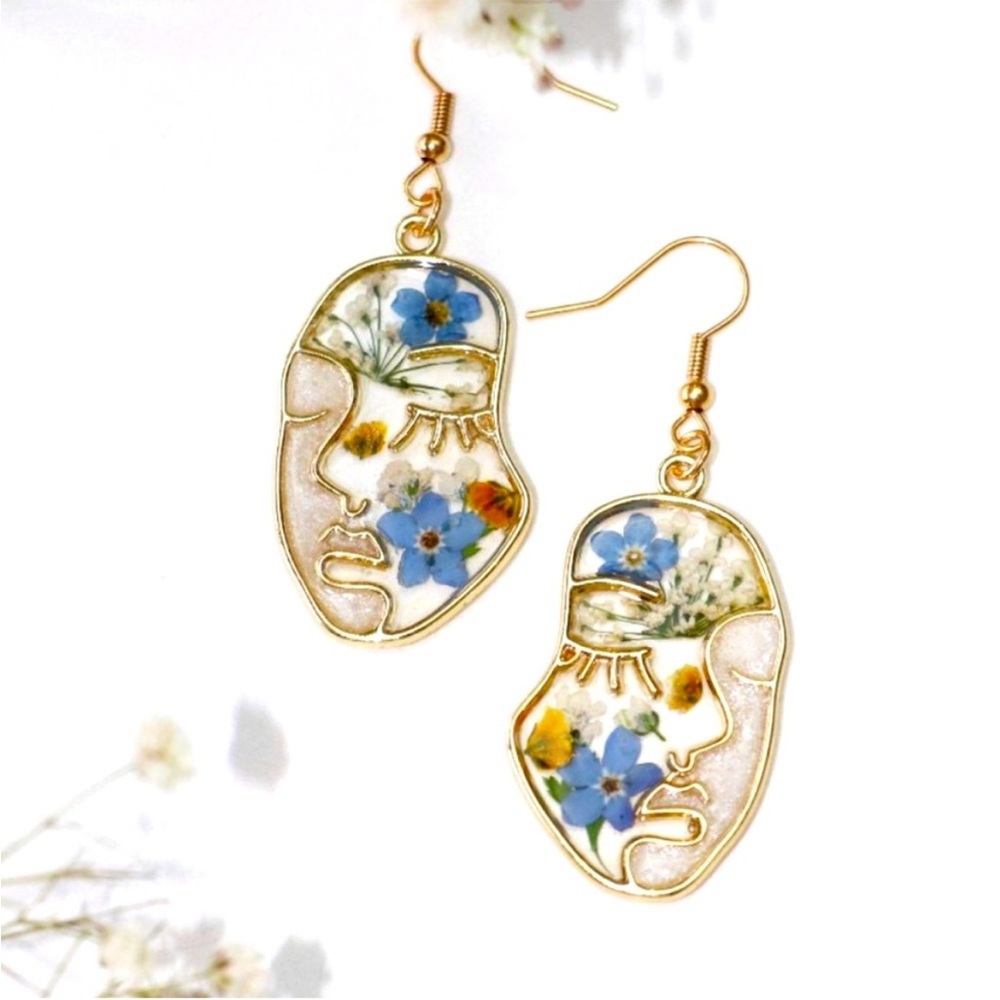 Artisan Crafted Real Blue Flower Sterling Silver & Gold One of Kind Earrings